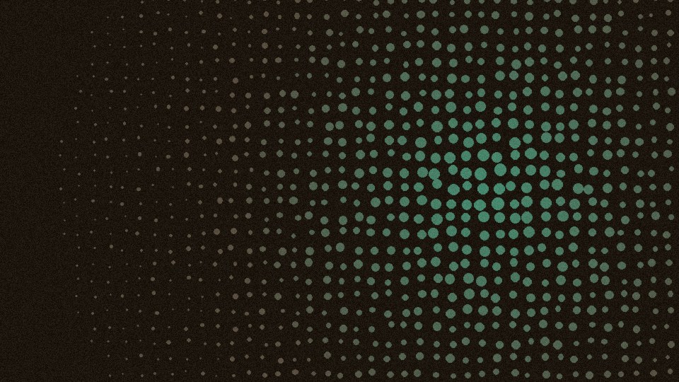 Teal dot-matrix wave rising from the lower right across a dark field