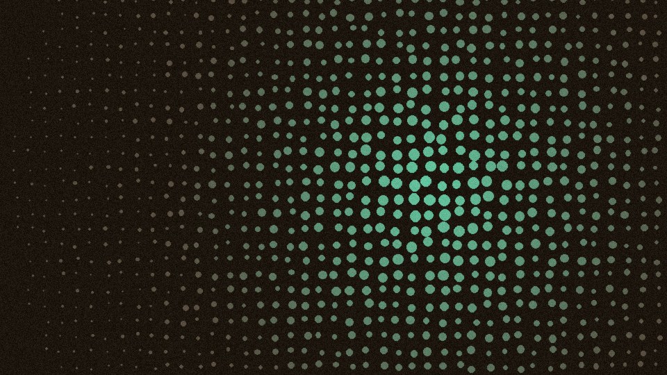 Teal halftone dots forming two intersecting wave crests on dark ink