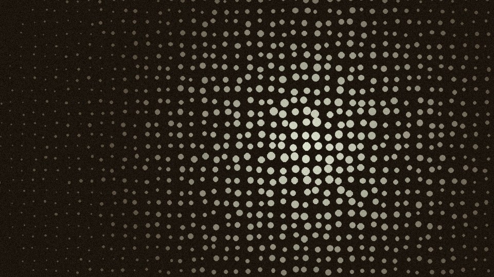 Warm ivory halftone dot field radiating outward across dark ink
